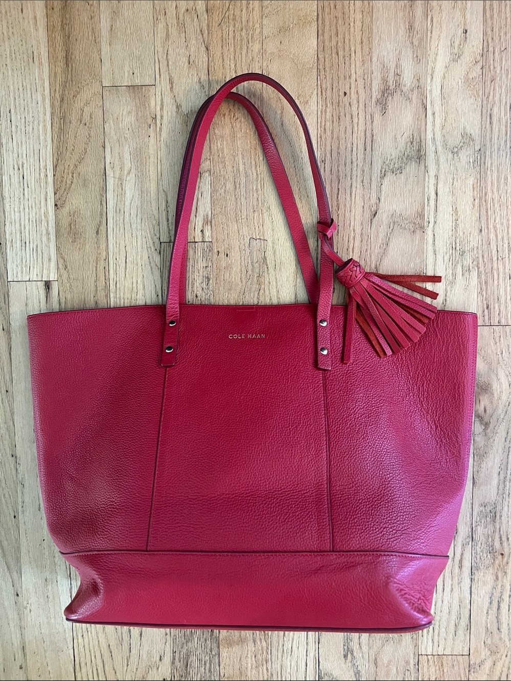 Cole Haan Cherry Red Leather Tote with Tassel